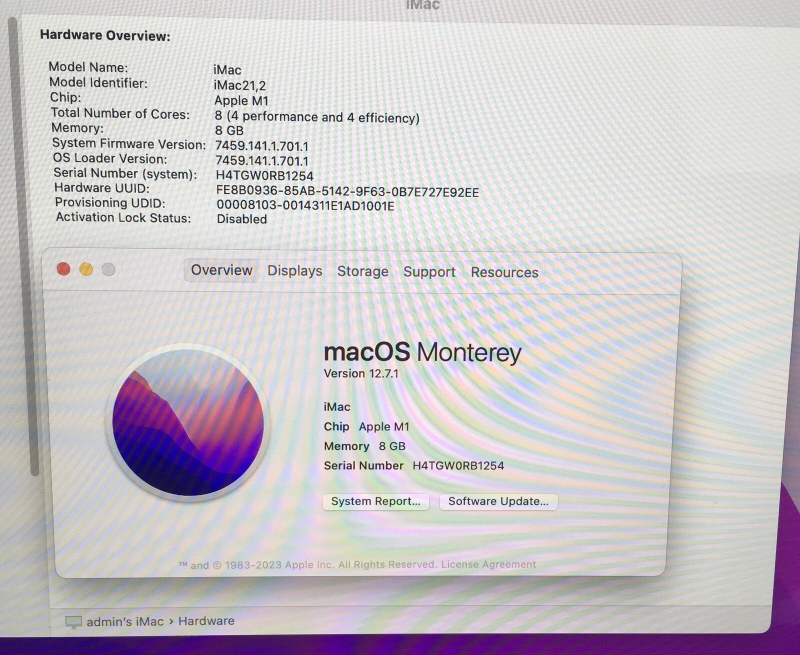 iMac 24-inch (2021) — M1 · 8GB · 256GB